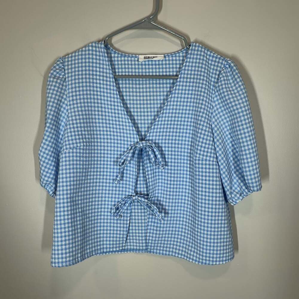 Double Zero Blue White Gingham Tie Front Blouse Puff Sleeve Top Size Small
